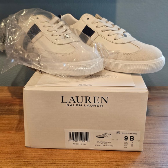 Lauren Ralph Lauren Shoes - Lauren Ralph Lauren Womens Braylee Leather Sneakers White Navy Blue Stripe 9B
